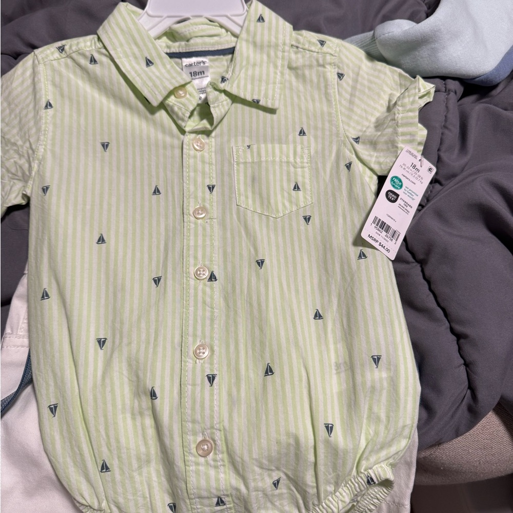 Carter's Light Green Striped Button Down Shirt